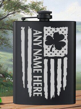 Personalized Irish Clover USA Flag Black Flask | Irish | Irish Gifts | Flask